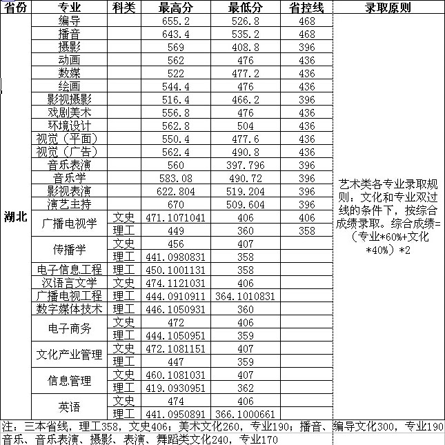 2013年华中师范大学武汉传媒学院美术类专业录取分数线