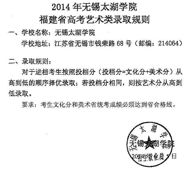 无锡太湖学院2014年福建省艺术类专业录取规则