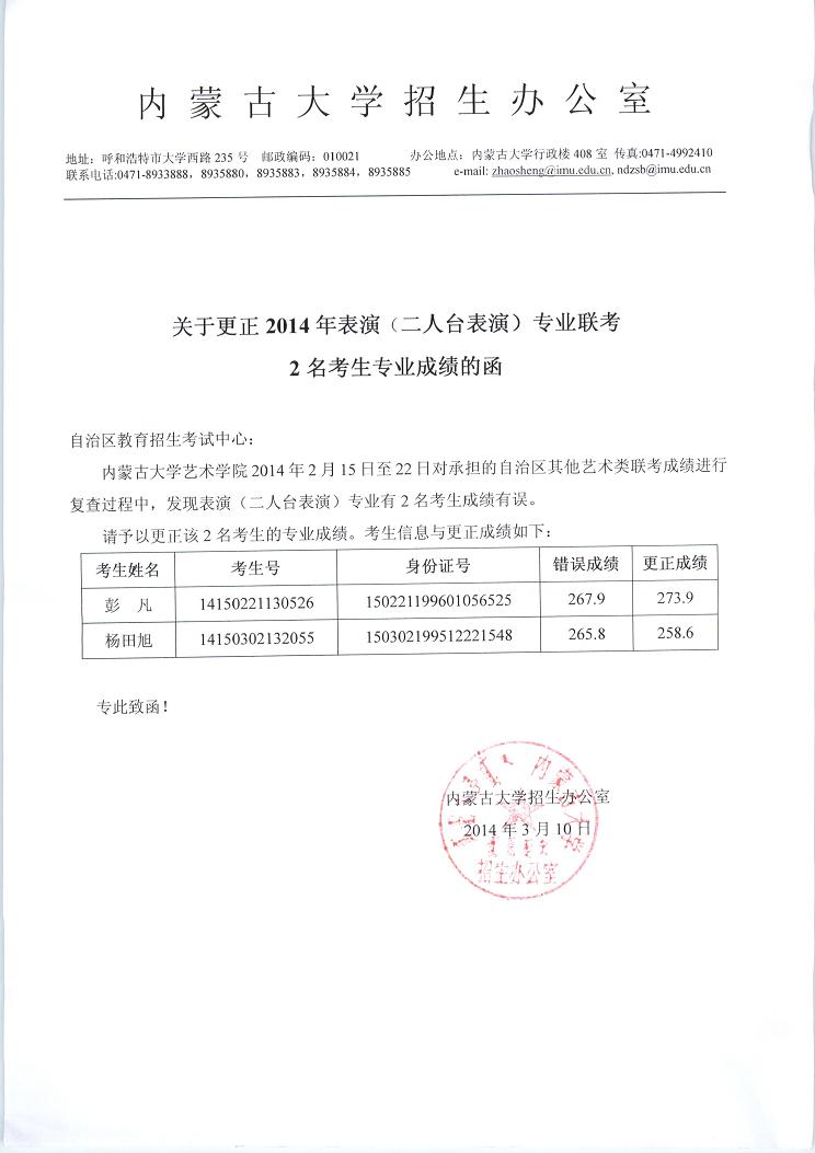 内蒙古大学关于更正2014年表演专业联考考生专业成绩的函